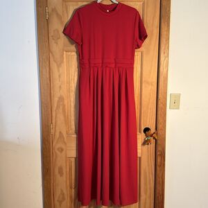 Halara Short Sleeve Stand Collar Maxi Dress With Pockets SIze L Red NWOT